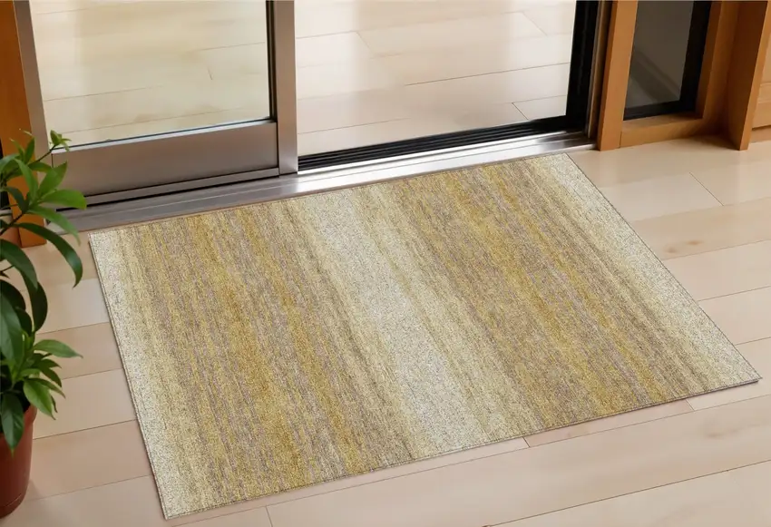 Gold And Beige Striped Washable Indoor Outdoor Area Rug Photo 1