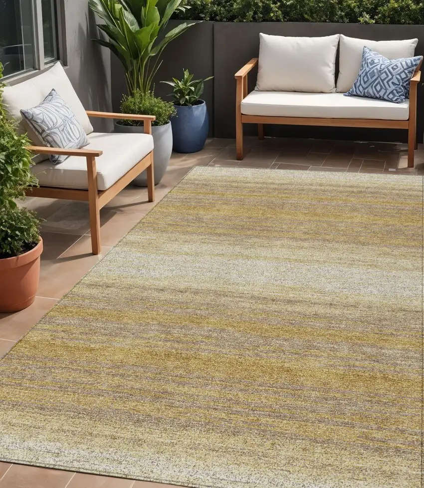 Gold And Beige Striped Washable Indoor Outdoor Area Rug Photo 1