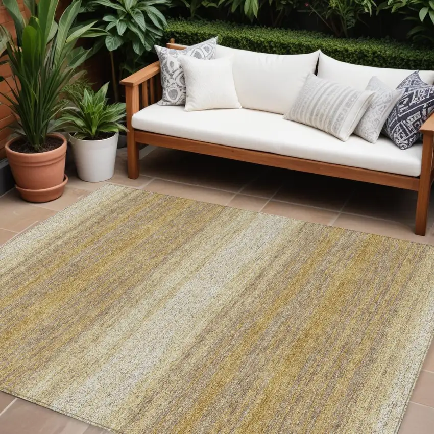 Gold And Beige Striped Washable Indoor Outdoor Area Rug Photo 1