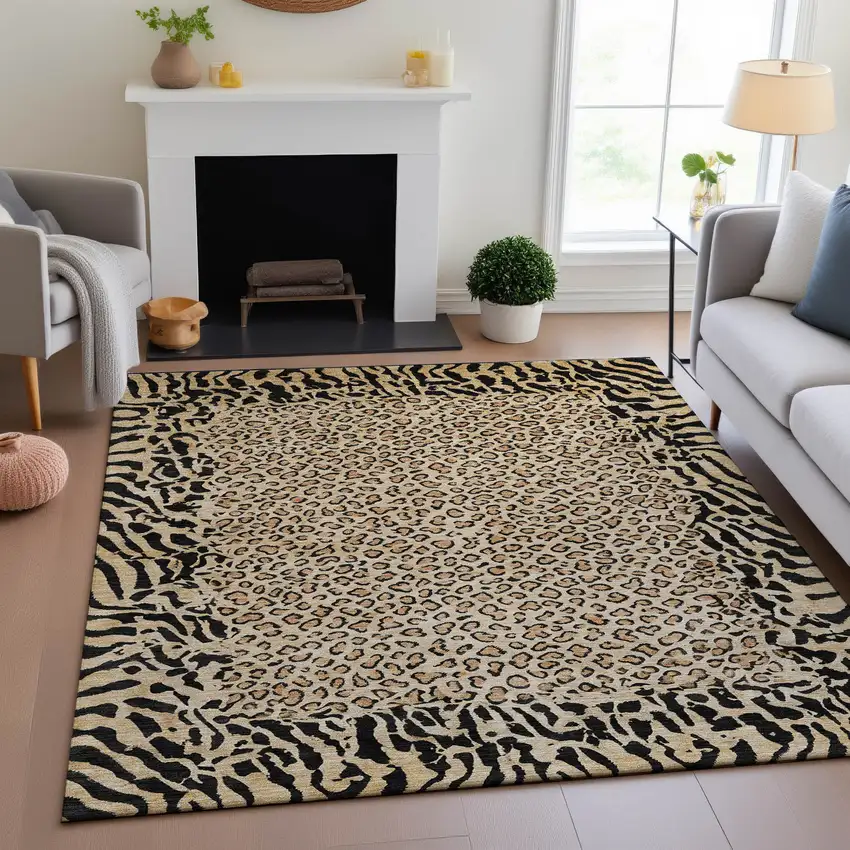 Gold And Black Animal Print Washable Area Rug With UV Protection Photo 4