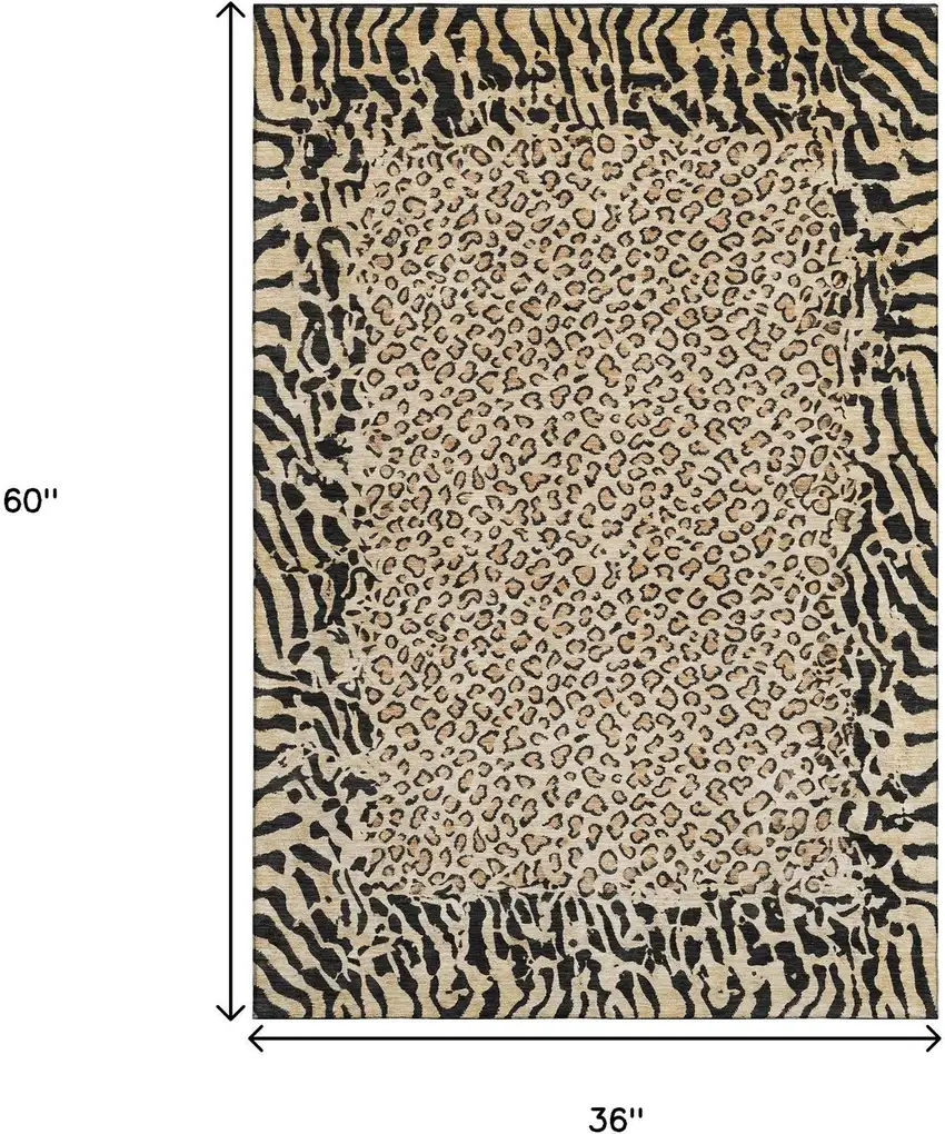 Gold And Black Animal Print Washable Area Rug With UV Protection Photo 3