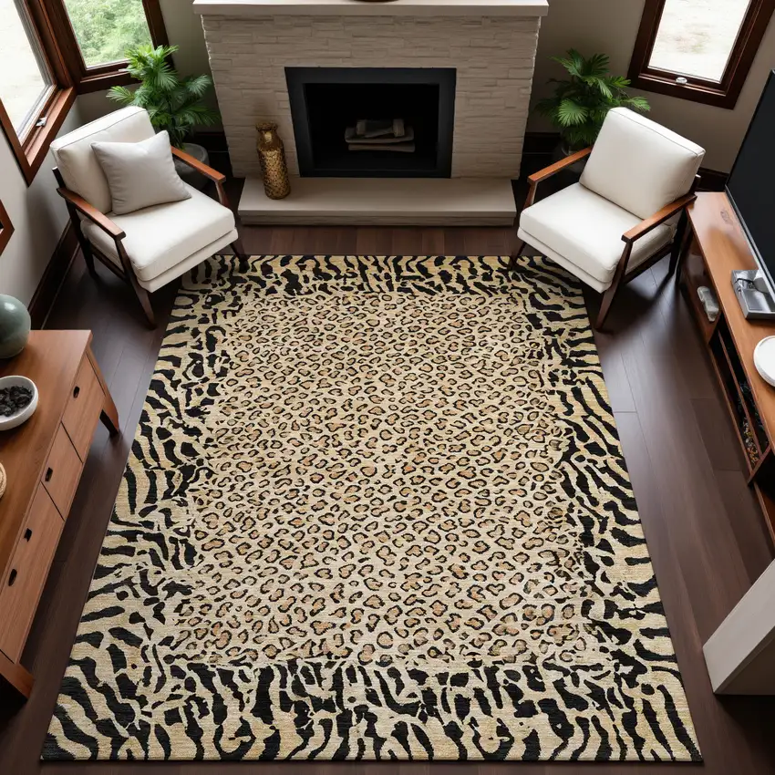 Gold And Black Animal Print Washable Area Rug With UV Protection Photo 5