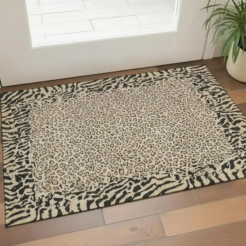 Gold And Black Animal Print Washable Area Rug With UV Protection Photo 2