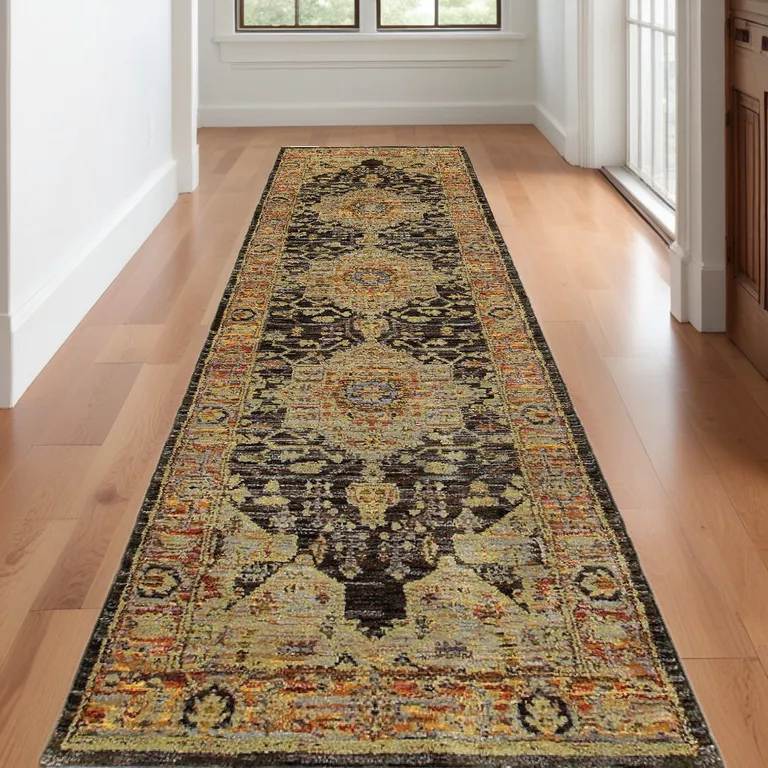 Gold And Black Oriental Power Loom Runner Rug Photo 5