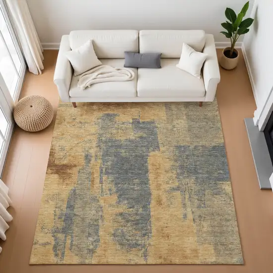 Gold And Blue Abstract Washable Area Rug With UV Protection Photo 5