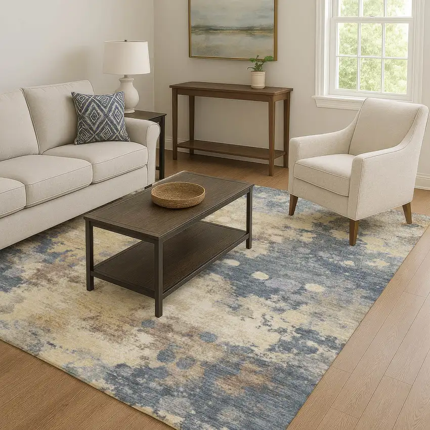 Gold And Blue Abstract Washable Area Rug With UV Protection Photo 6