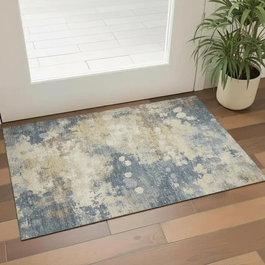 Gold And Blue Abstract Washable Area Rug With UV Protection Photo 2