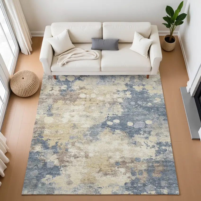 Gold And Blue Abstract Washable Area Rug With UV Protection Photo 5