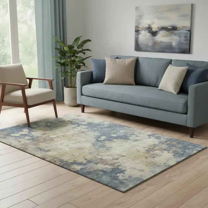 Gold And Blue Abstract Washable Area Rug With UV Protection Photo 2