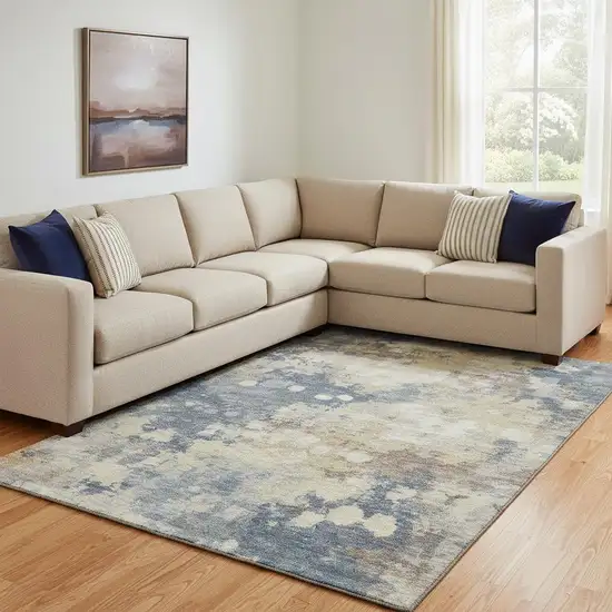 Gold And Blue Abstract Washable Area Rug With UV Protection Photo 2