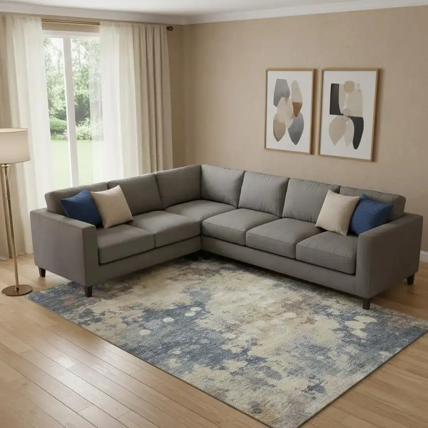 Gold And Blue Abstract Washable Area Rug With UV Protection Photo 2