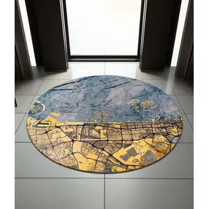Photo of Gold And Blue Abstract Washable Area Rug With UV Protection