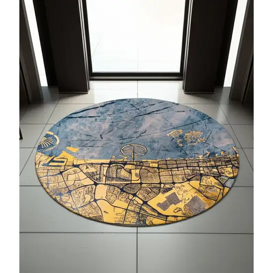 Gold And Blue Abstract Washable Area Rug With UV Protection Photo 1