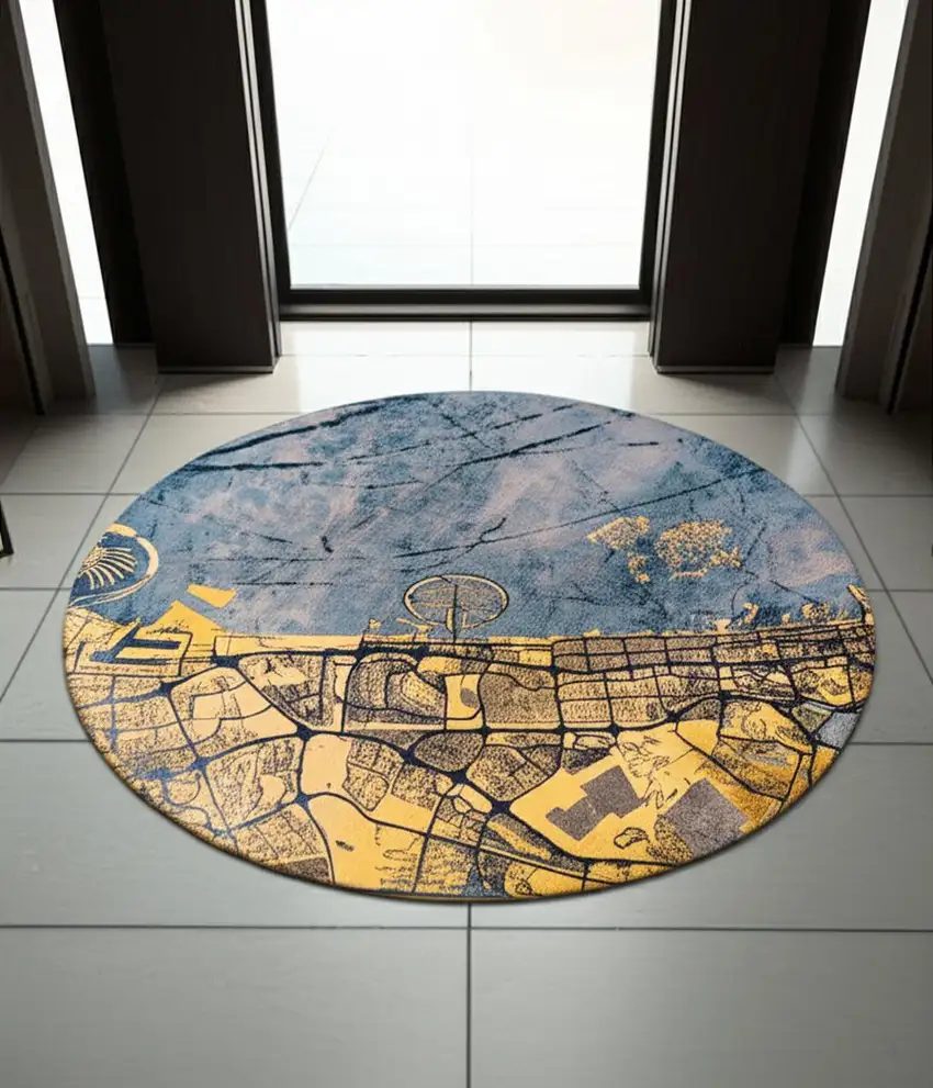 Gold And Blue Abstract Washable Area Rug With UV Protection Photo 1