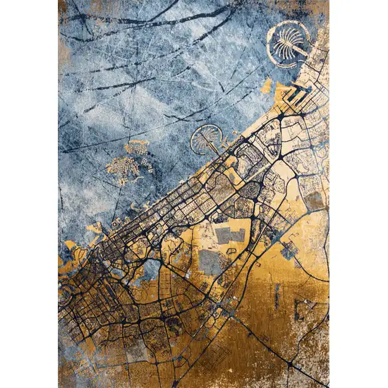 Gold And Blue Abstract Washable Area Rug With UV Protection Photo 6