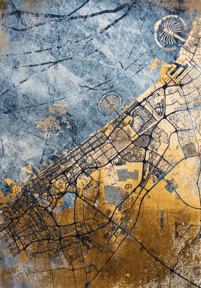 Gold And Blue Abstract Washable Area Rug With UV Protection Photo 6