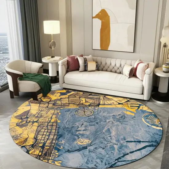 Gold And Blue Abstract Washable Area Rug With UV Protection Photo 1