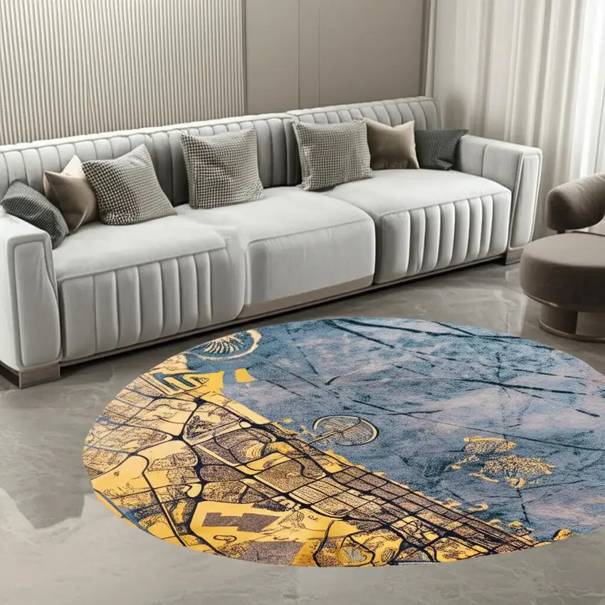 Gold And Blue Abstract Washable Area Rug With UV Protection Photo 1