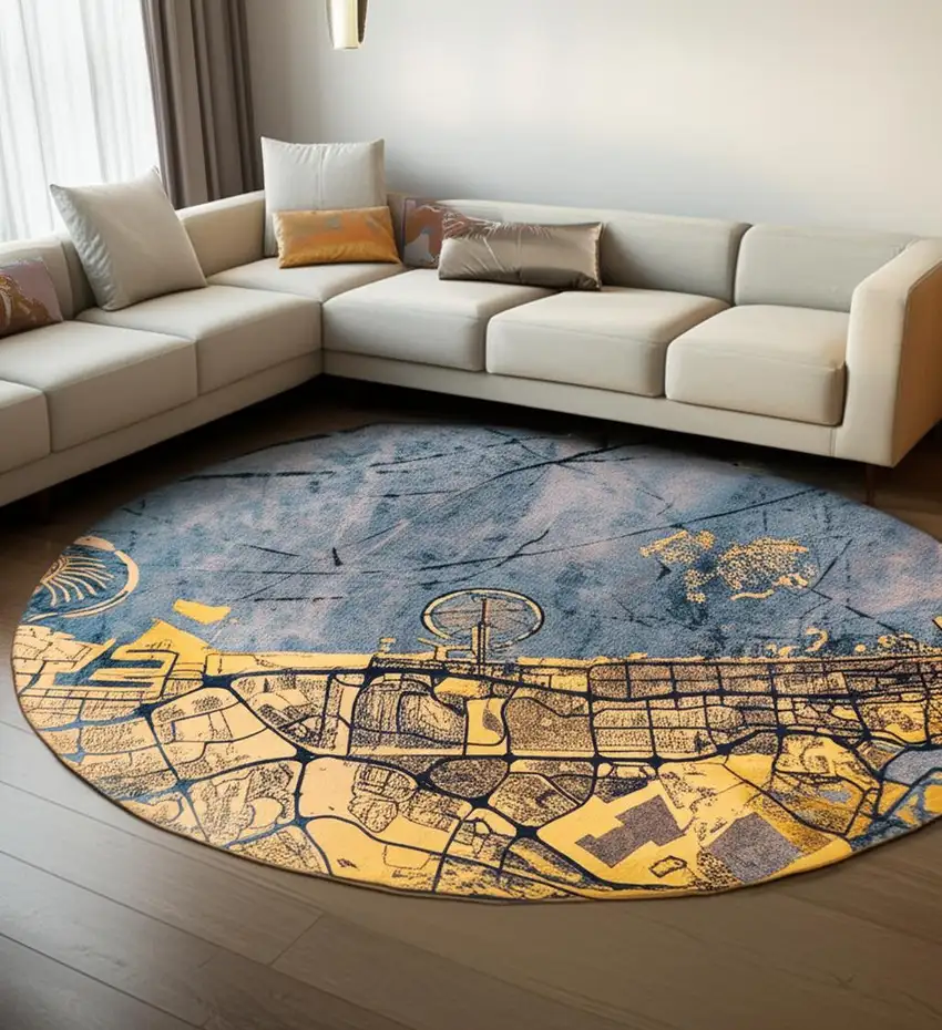 Gold And Blue Abstract Washable Area Rug With UV Protection Photo 1