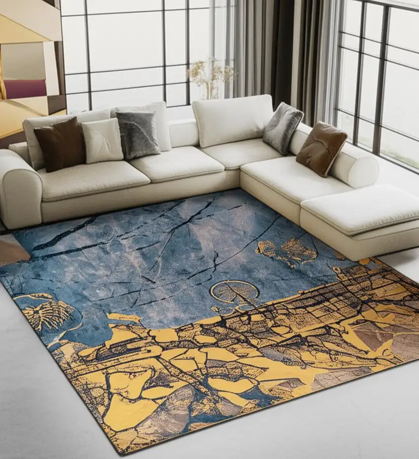 Gold And Blue Abstract Washable Area Rug With UV Protection Photo 1