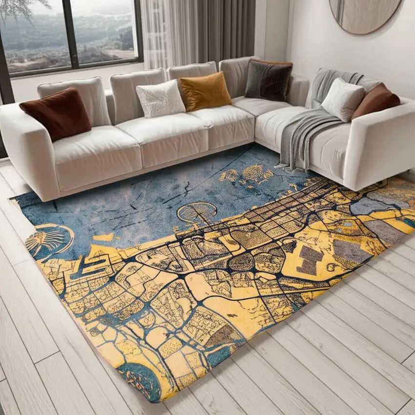Gold And Blue Abstract Washable Area Rug With UV Protection Photo 1