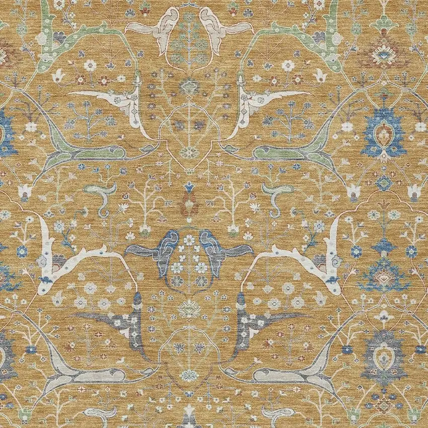 Gold And Blue Floral Washable Indoor Outdoor Area Rug Photo 7