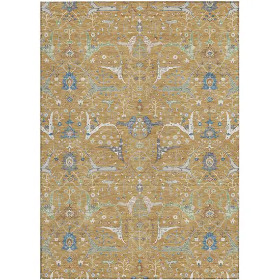 Gold And Blue Floral Washable Indoor Outdoor Area Rug Photo 5