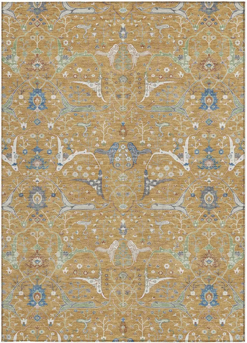 Gold And Blue Floral Washable Indoor Outdoor Area Rug Photo 5