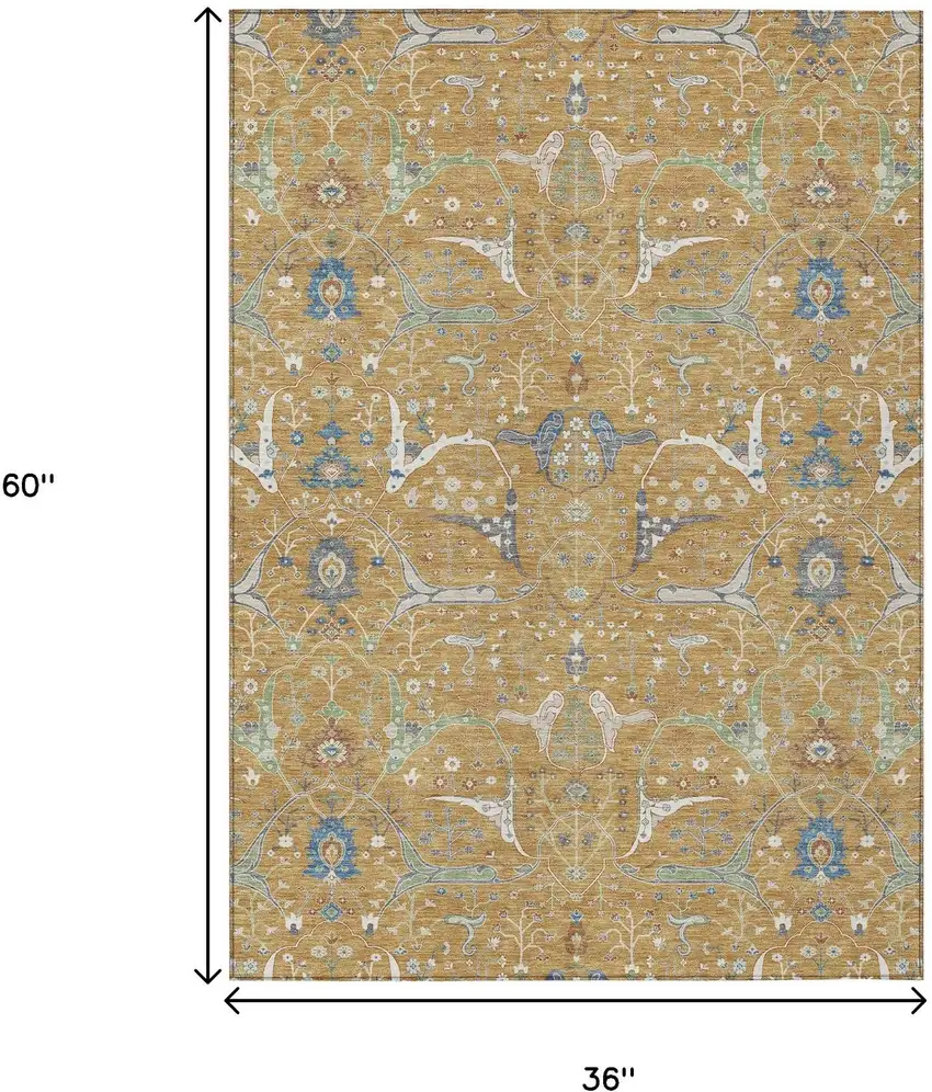 Gold And Blue Floral Washable Indoor Outdoor Area Rug Photo 3