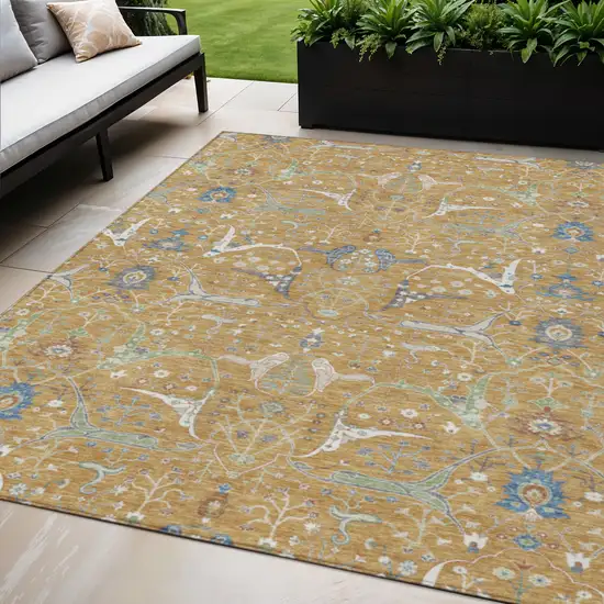 Gold And Blue Floral Washable Indoor Outdoor Area Rug Photo 1