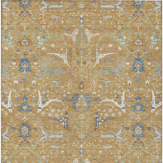 Gold And Blue Floral Washable Indoor Outdoor Area Rug Photo 6