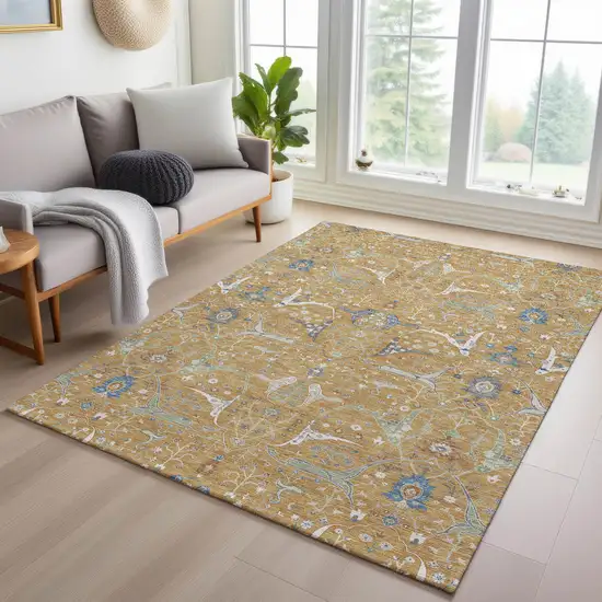 Gold And Blue Floral Washable Indoor Outdoor Area Rug Photo 9