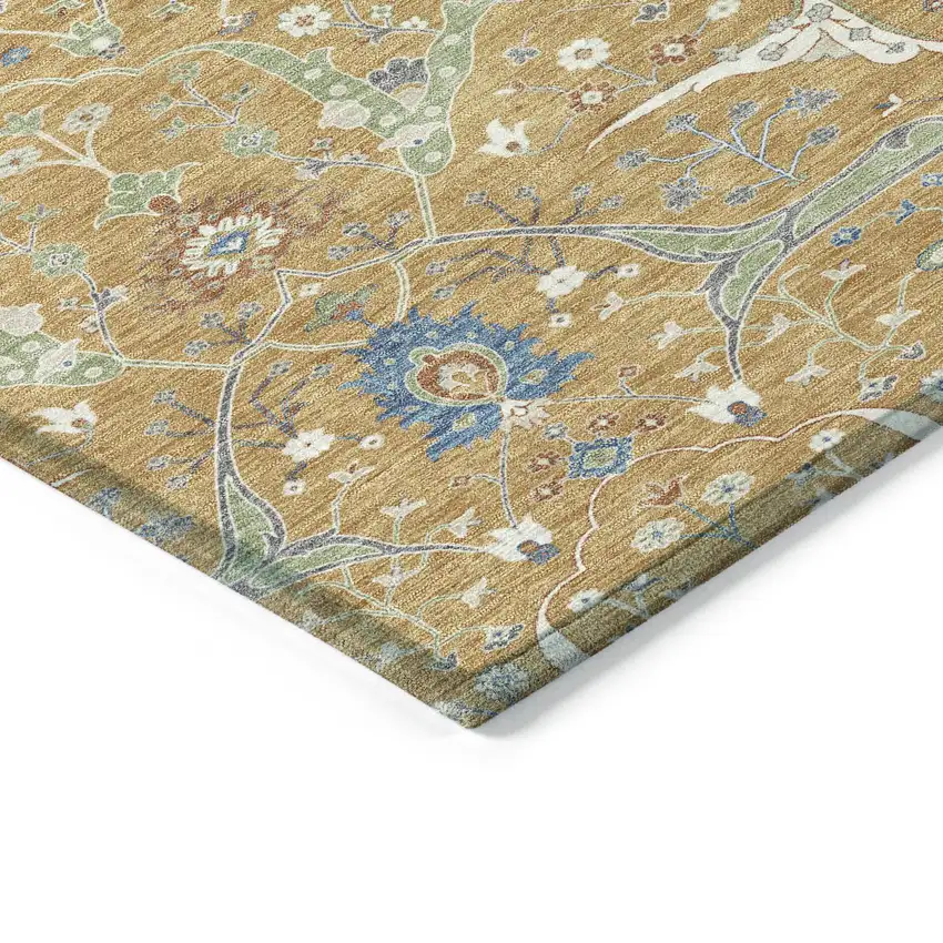 Gold And Blue Floral Washable Indoor Outdoor Area Rug Photo 6