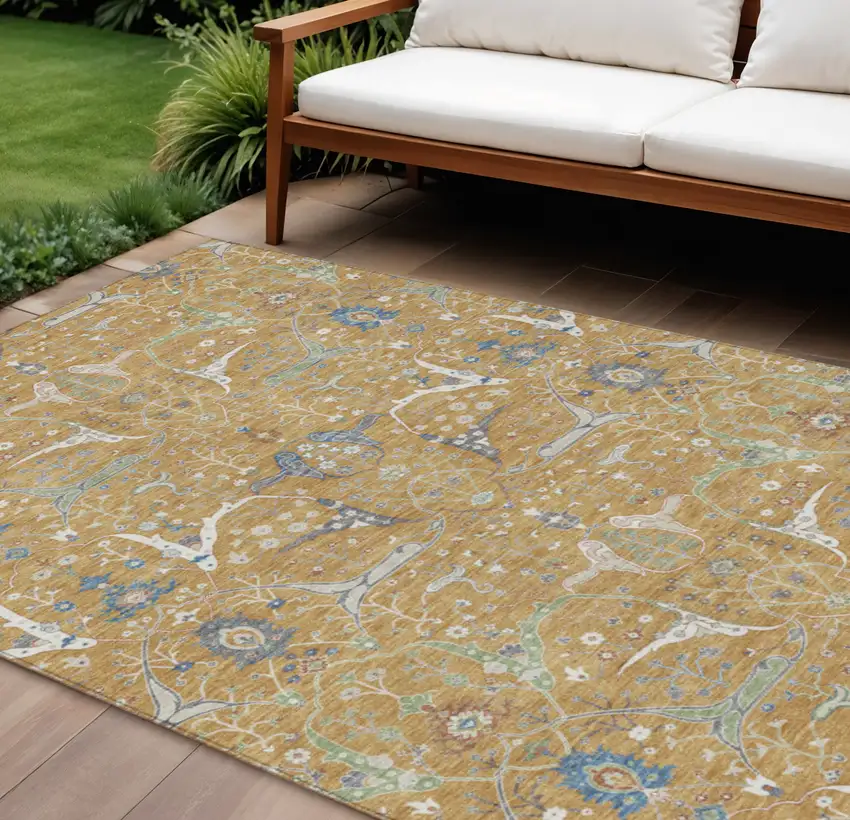 Gold And Blue Floral Washable Indoor Outdoor Area Rug Photo 1