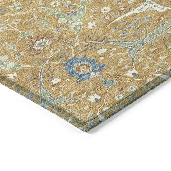 Gold And Blue Floral Washable Indoor Outdoor Area Rug Photo 7
