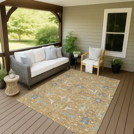 Gold And Blue Floral Washable Indoor Outdoor Area Rug Photo 9