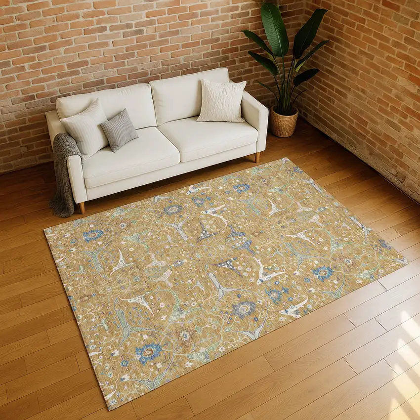 Gold And Blue Floral Washable Indoor Outdoor Area Rug Photo 9