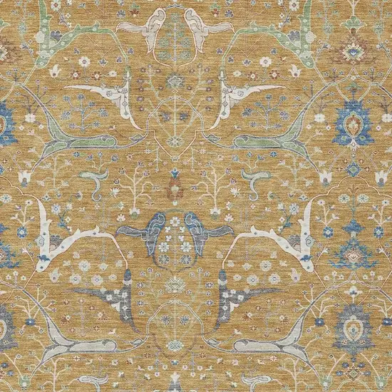 Gold And Blue Floral Washable Indoor Outdoor Area Rug Photo 6