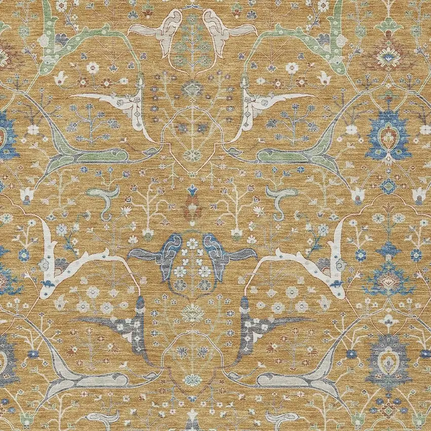 Gold And Blue Floral Washable Indoor Outdoor Area Rug Photo 6