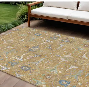 Photo of Gold And Blue Floral Washable Indoor Outdoor Area Rug