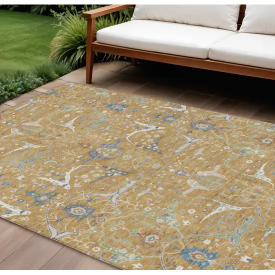 Gold And Blue Floral Washable Indoor Outdoor Area Rug Photo 1