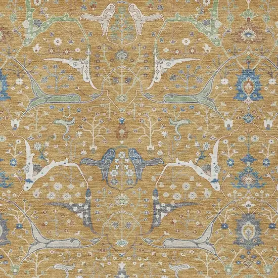 Gold And Blue Floral Washable Indoor Outdoor Area Rug Photo 2