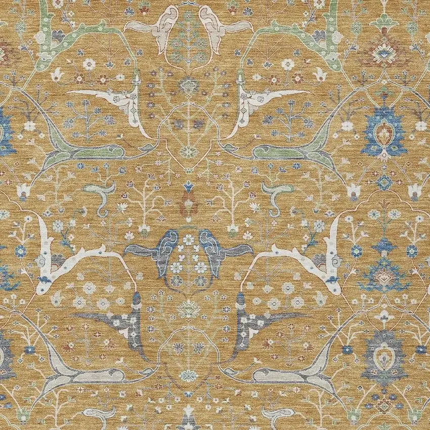 Gold And Blue Floral Washable Indoor Outdoor Area Rug Photo 2