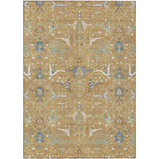 Gold And Blue Floral Washable Indoor Outdoor Area Rug Photo 4