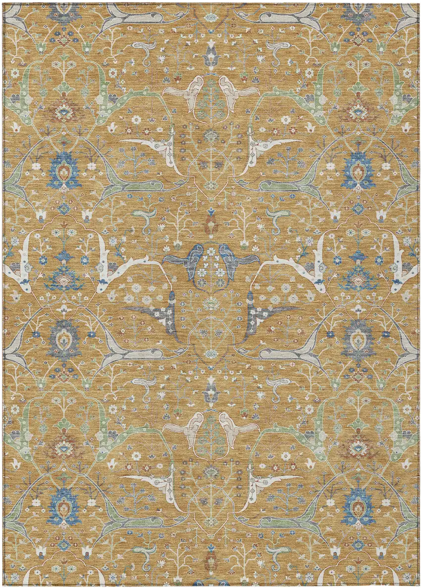 Gold And Blue Floral Washable Indoor Outdoor Area Rug Photo 4