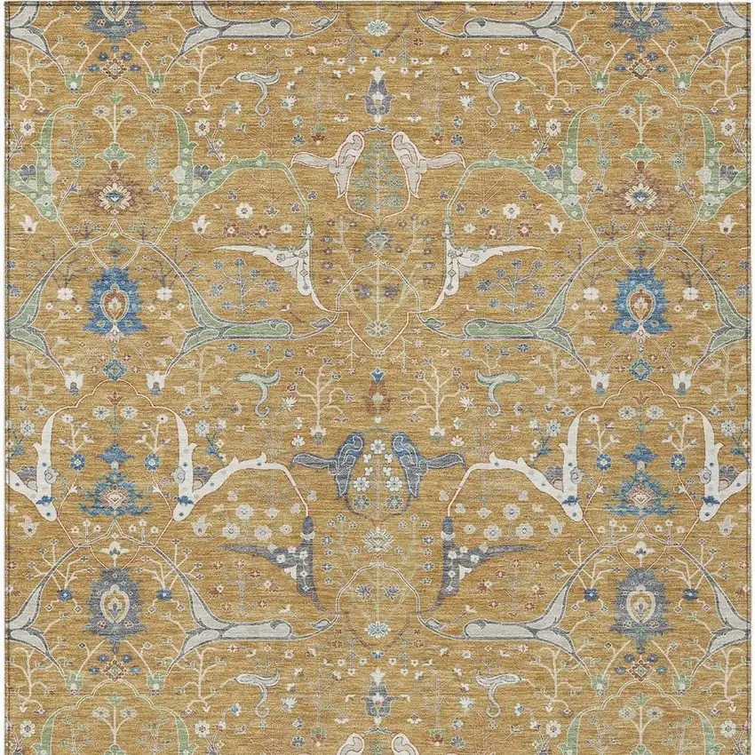 Gold And Blue Floral Washable Indoor Outdoor Area Rug Photo 5