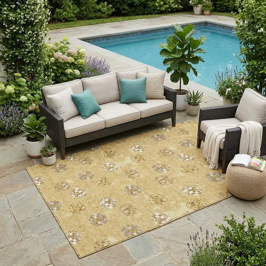 Gold And Blue Geometric Washable Indoor Outdoor Area Rug Photo 1