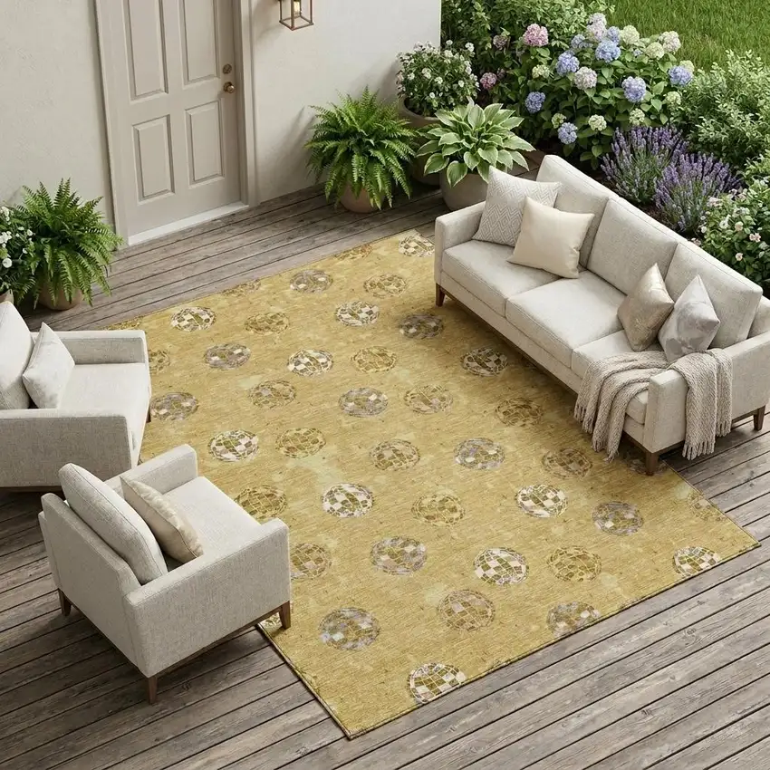 Gold And Blue Geometric Washable Indoor Outdoor Area Rug Photo 1