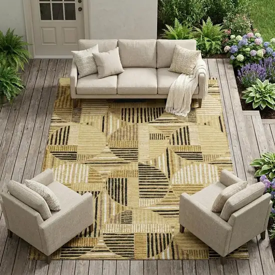 Gold And Blue Geometric Washable Indoor Outdoor Area Rug Photo 1