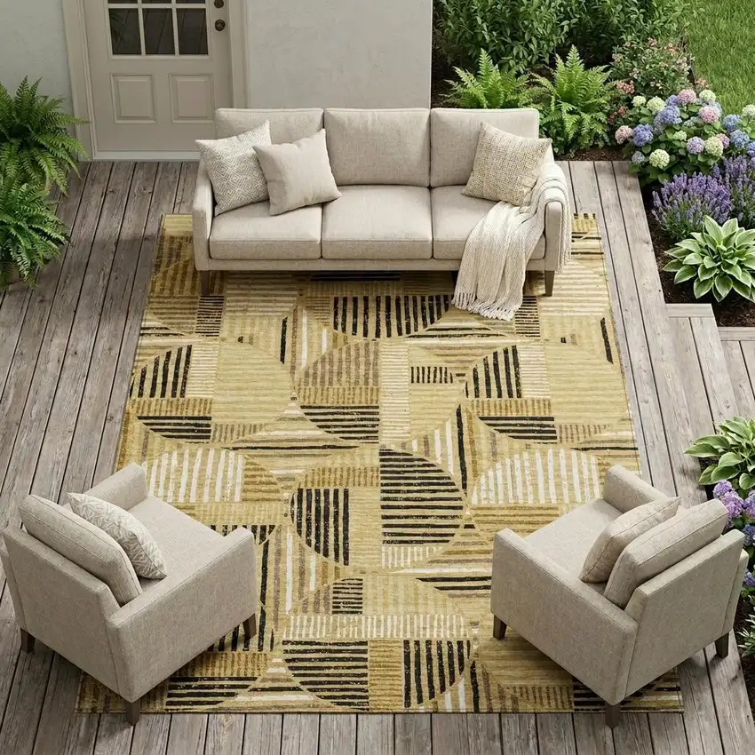 Gold And Blue Geometric Washable Indoor Outdoor Area Rug Photo 1